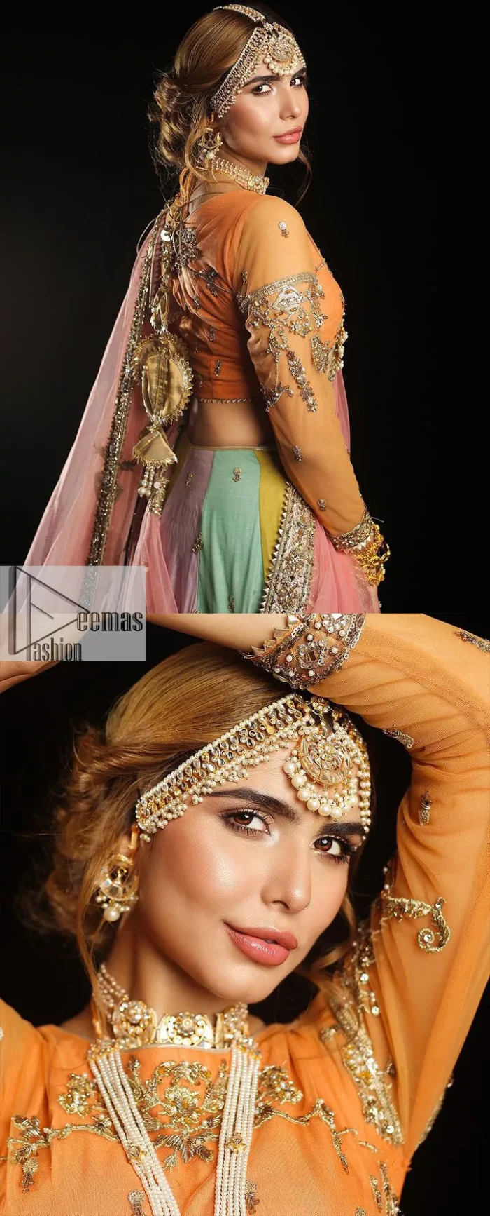Fun colours, fresh you.  This breathtaking blouse in light orange colour is gracefully adorned with hand-crafted embellishments and lavish golden work creating a magnificent masterpiece to give you your desired appearance. The boat shape neckline of the mehndi wear is the epitome of beauty. Further, the embellished three-quarter is adorned with lavish designs and fine details making it a perfect choice to pair with the lehenga. It is organized with lehenga having multi-colour panels to give you a fresh and rainbow look on your mehndi. The lehenga is also adorned with tilla, dabka, kora, Kundan and the real magic of Zardozi. Complete this article with a dupatta, framed with four-sided borders and floral motifs on pallu to make your day Funday.