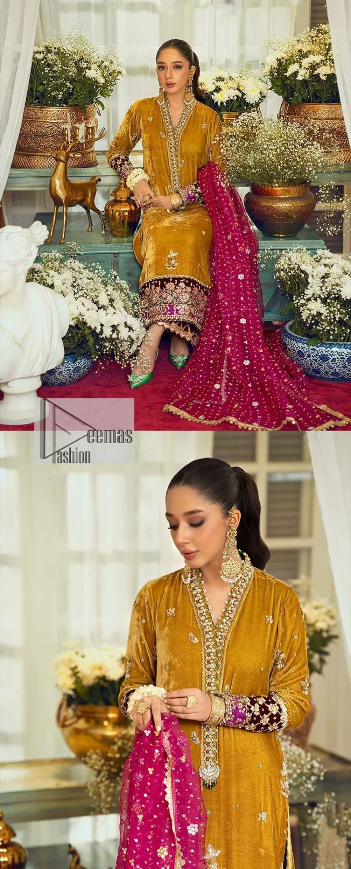 This mustard ensemble features zari and tilla details creating the perfect magical look for the season! The stunning long shirt in an alluring mustard shade comes in velvet fabric. The V-neckline of this shirt is emblazoned with embroidery and hand-crafted embellishments. Motifs, tilla, and threads give a perfect finishing look to the shirt. It is enhanced with multiple colours embroidered patches at the bottom to stole everyone's heart. It is paired with scalloped burgundy trousers to balance the overall look of this party wear. Complete this with a dupatta having tiny floral motifs and sequins sprayed all over.