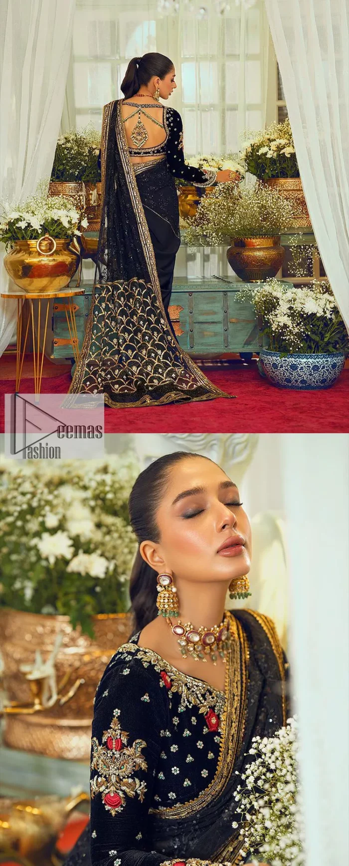Black, is a reminder to love yourself. The navy blue blouse is augmented with elusive dabka and remarkable naqshi to highlight the grace and is further enhanced with tilla, dabka, koran and Kundan.  The V shape neckline of the following blouse is beautifully decorated with multiple colour embroidery. In addition to this, the heavy floral motifs also adorned the full sleeves to add more charm and beauty to this party wear. It is paired with a black saree to style you according to your choice. Complex work on the borders and the pallu makes it look even more gorgeous. This is a beautiful piece for a bridesmaid who has traditional taste.
