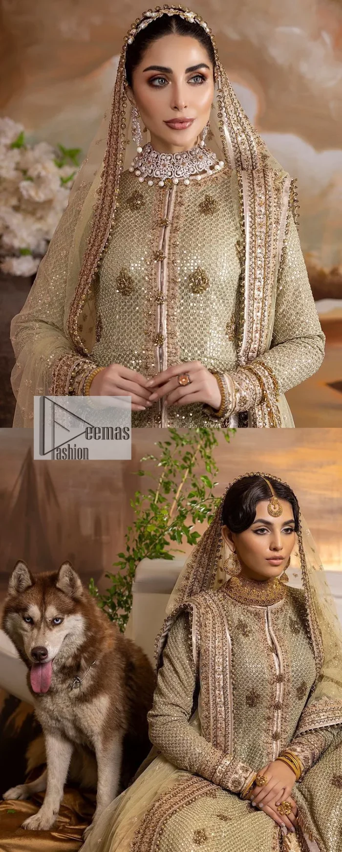 It's where words are not necessary – the outfit does all the talking! A beautiful designed pale green long shirt on an organza base has intricate details of gold, sequin, tilla, dabka, kora and tilla. A contrasting golden embroidery on the round neckline and on full sleeves is the star of the show. Each floral motif is so special, well-researched and strategically put together to create this spellbinding magic using the most gorgeous colour palette. It is paired with brocade lehenga to balance the whole outfit in a golden colour. Last but not least, the mehndi wear has a dupatta which is adorned with a four-sided embellished border in the most stunning way.