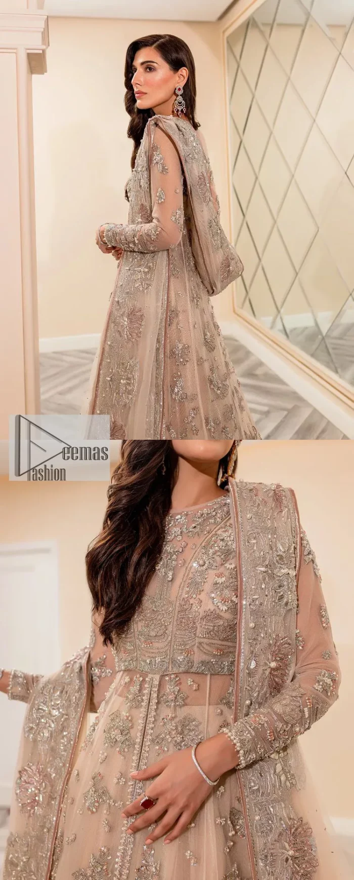 Get ready to lost in the world with floral and trendy designs. This dress is beautifully decorated with heavy embroidery. It is highlighted with kora, dabka, tilla, sequins and pearls. The shirt is enhanced with zardozi work on a jewel neckline. It comes with a plain lehenga in the same colour to balance the beautiful outfit. It is coordinated with a tissue dupatta which is sprinkled with sequins all over it. It is further furnished with a four-sided embellished border giving a perfectly glamorous look to the whole nikah wear. 