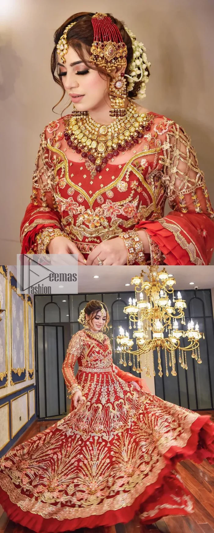 The deep orange colour is the perfect feminine and delicate shade with its meticulously crafted untruth. The stunning maxi is ornamented with tilla, dabka, kora, Kundan, Zardozi and crystals. Embroidery is done in the shade of gold.  The illusion neckline of the maxi just steals everyone's heart. Further, the full sleeves of the maxi are also decorated with geometric patterns. The frill of the following maxi gives a perfectly glamorous look to the whole reception wear. It is paired up with a dupatta which is adorned with floral motifs all over.