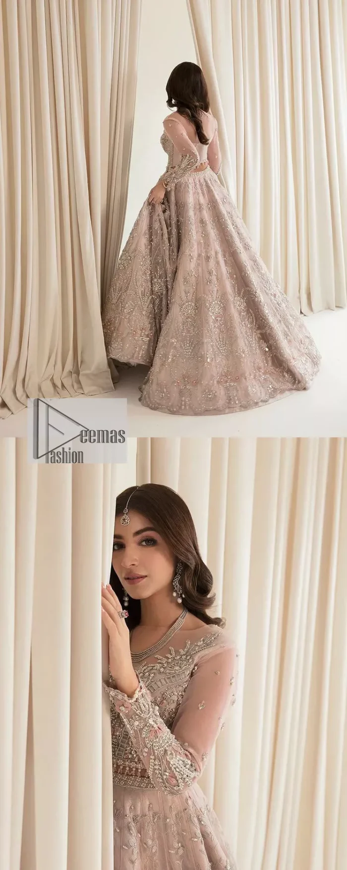 Rose Pink, is the colour of confidence on your big day. The blouse in the rose pink shade is embellished with intricate designs, silverwork, and fine details. The V shape neckline and full sleeves look perfect with the lehenga. Beautiful details of crystals, tilla, dabka, kora, stones, and dabka give a perfect finishing look to the following blouse. It is organized with a lehenga which is heavily adorned with silver embroidery to add more charm and beauty to the outfit. Complete this outfit with a dupatta framed with four-sided borders that gives an elegant look to the gorgeous bride.