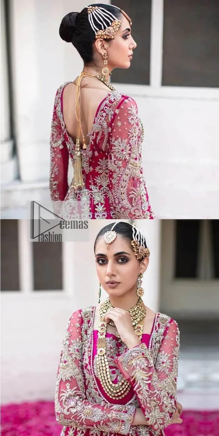 Be a dream vision in this floral shocking pink article. The shocking pink maxi is a breathtaking masterpiece that wins everyone's hearts at the very first glance. The stunning details of silver embroidery which includes tilla, dabka, kora, Kundan and zardozi give a royal touch to this scalloped maxi. The front open style and sweetheart neckline come together to make this outfit lovely and charming. The full sleeves give a glamorous touch to this perfectly maxi. It is paired with Lehenga to create a lavish look. The Lehenga has a huge flare and is also embellished with beautiful embroidery. Complete this walima article with a grey dupatta in a scalloped design which is adorned with a four-sided heavy embellishment. 