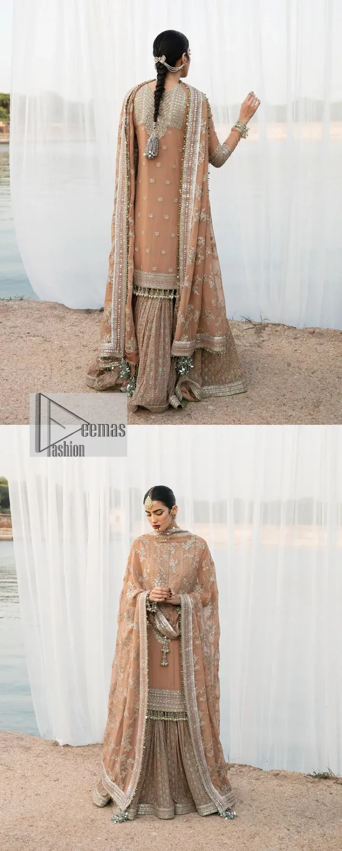 This ensemble is an absolute vibe with a tempting design on a beautiful base!  This beautiful party wear is designed in soft brown colour which is modern yet classy. The short shirt is adorned with silver embroidery which is further enhanced with tilla, dabka, kora, Kundan and the details of Zardozi. The beautiful tussles also hang on the bottom of the embellished neckline to make it a perfect choice for everyone Further, the floral patterns on full sleeves also intensify the charms of the outfit. It is coordinated with a sharara to balance the overall look. Complete this with a dupatta embellished with a four-sided border and floral jaal all over.