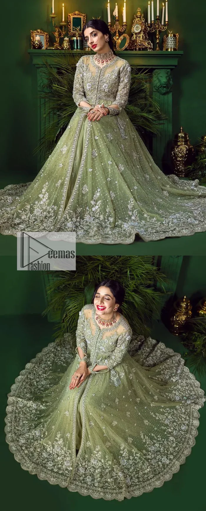 Experience the joy of a wedding in dreamy ensembles. Bringing old-world charm into your festive ensembles, it is a front open scalloped maxi intricately embellished with fine silver embroidery, crystals, tilla, dabka, kora and sequin. The full sleeves of the maxi make it an expression of timeless elegance. In addition to this, the V shape neckline makes this masterpiece unique and priceless. Paired with a long border embellished scalloped dupatta it all comes together to create a luxuriously chic look. The dupatta is also embellished with tiny floral motifs and sequins spray. Complete this party wear with a simple lehenga in the same colour to balance the overall look of the outfit.