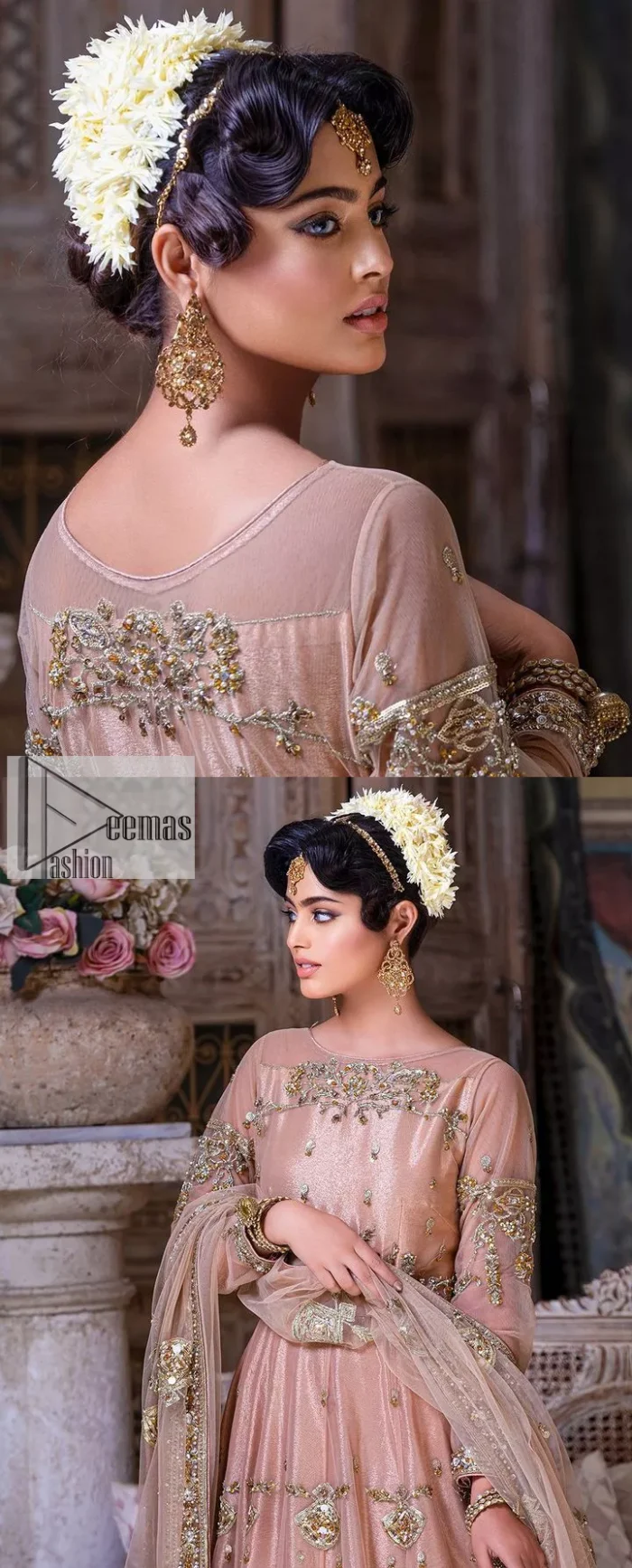 Wrap yourself in stunning style on your Big day. This tea-pink maxi dupatta is a stunning attire to wear at the wedding. This breathtaking nikah wear is gracefully adorned with hand-crafted embellishments and lavish golden work creating a magnificent masterpiece to give you your desired appearance. Intricate designs, floral details, naqshi, kora, Kundan, tilla and dabka o maxi enhance the overall charm of this beautiful outfit. The full sleeves of the maxi are highlighted with golden embroidery. Further, the boat shape neckline makes this outfit an epitome of beauty. It is systemized with a dupatta in the same colour adorned with four-sided borders and floral motifs all over.