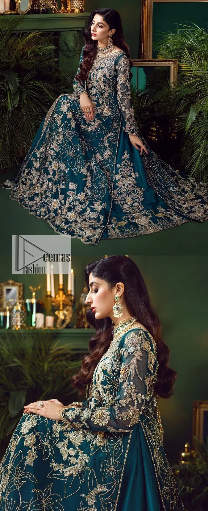 Let the outfit speak for itself! DeemasFashion presents this party wear in teal blue colour.  Be a centre of attraction by donning this beautiful teal blue long shirt embellished with tilla, dabka, kora, Kundan and sequins work which is further intensified with silver and golden embroidery. The shirt is emphasized with a sweetheart neckline and full sleeves to make your day super romantic. It is organized with a lehenga which is embellished with embroidered floral motifs to explain the love of the bride. To finish this article, the last but not least piece comes that is the dupatta which is adorned with four-sided heavily embellished borders and sequins spray that accentuates the whole look.