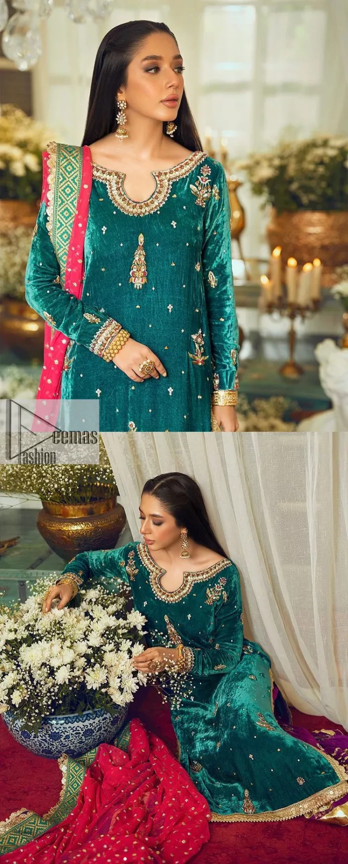 Brighten up your day with this beautiful ensemble. This long shirt style in a teal green colour is a perfect outfit that gives you a royal look on the festive occasion. The embroidered neckline and full sleeves make this outfit an epitome of beauty. Further, Embroidery work which enhances with tilla, dabka, kora, Kundan and lavish designs makes this outfit your priority for the day. It is paired with plum trousers which have finished edges to balance the overall look of the day. Complete this party wear with a dupatta in pink colour sparkling sequins spray all over. 