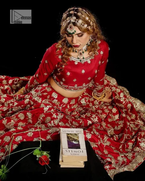 Reception called, and red answered. The stunning blouse is embellished with floral motifs. The base colour used for choli is