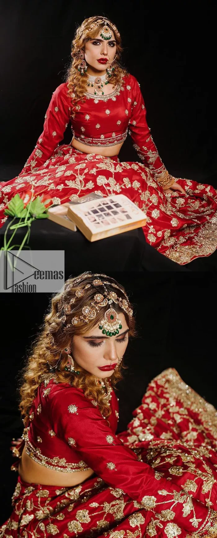 Reception called, and red answered. The stunning blouse is embellished with floral motifs. The base colour used for choli is wine red.  The sleeves of the blouse are embellished with floral patterns to make this reception wear the epitome of beauty. Further, the boat shape neckline also adds super charm and beauty when paired with a lehenga. The lehenga is adorned with golden embroidery which is further enhanced with tilla, dabka, kora, Kundan and the real magic of Zardozi. Complete this romantic article with a dupatta framed with a four-sided embellished border to give a glamorous touch to this magnificent attire.