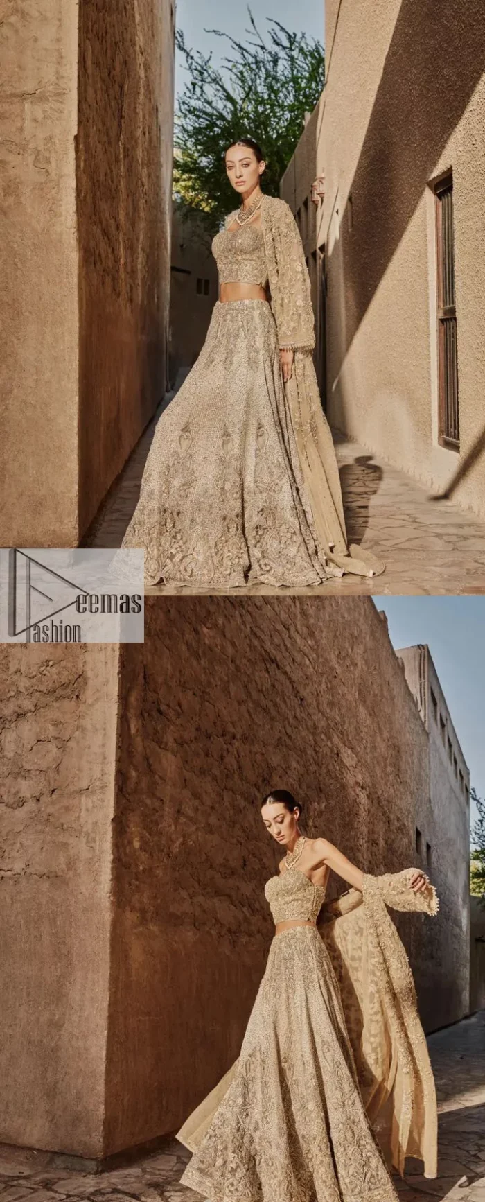 This modern piece is all about extraordinary details and aesthetic vibes! A beige organza blouse is heavily embellished with dabka, naqshi, tilla, Resham, dabka, sequin and Kundan. This gown blouse dress has Mughal-inspired motifs, geometrical patterns and floral motifs. The blouse has a sweetheart neckline or a more upscale appearance and feel. Further, the gown has full sleeves adorned with floral patterns. It is supported by a flared lehenga with an embellished border for additional comfort.