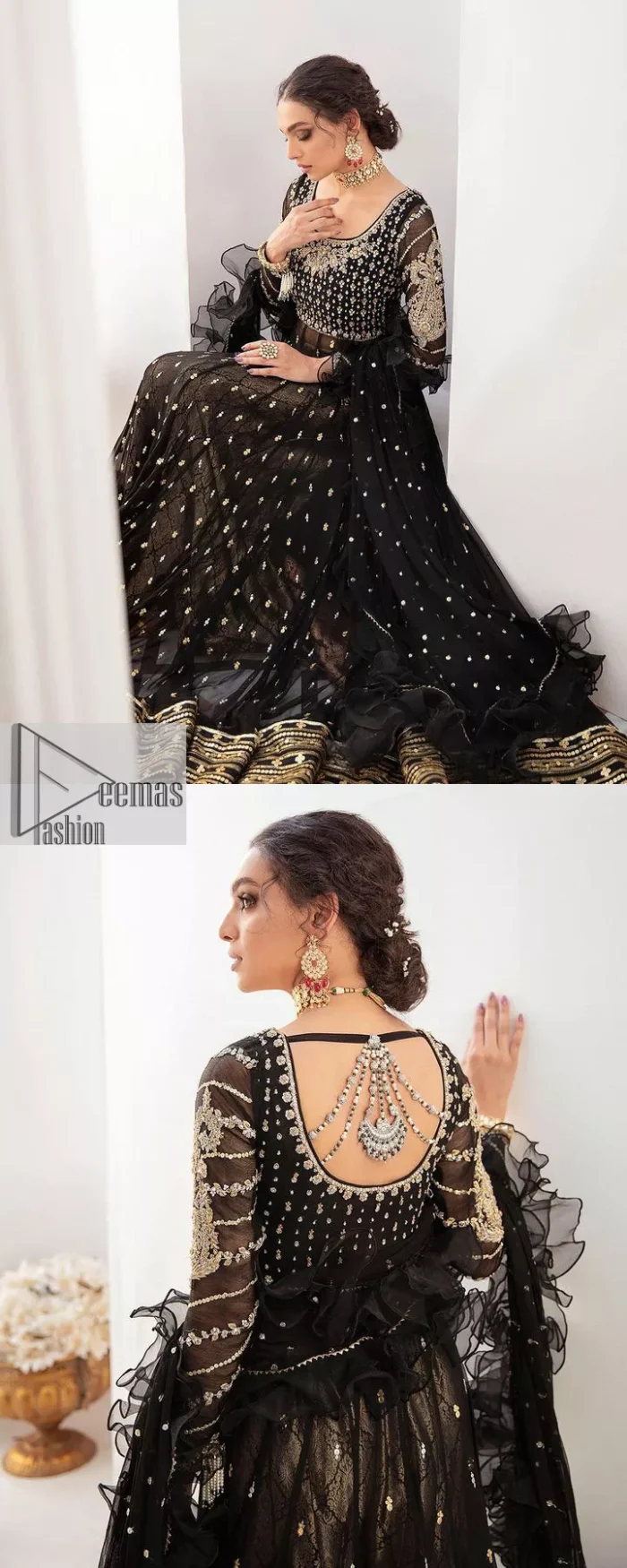 Let your outfit speak for the style tale itself! The frock, lehenga and dupatta combination is a breathtaking attire that comes in black colour. Traditional designs and hand-crafted embellishments on the frock which involves tilla, dabka, kora and Zardozi give a magnificent look to this perfectly. The beautiful light golden embroidery on full sleeves makes this article stunning and loving. It is paired with jamawar lehenga in the same colour to add some traditional look. Complete this party wear with a frilled dupatta sparkling with a sequin spray to make your day bright. 