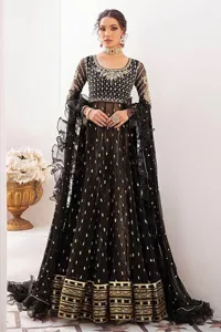 Let your outfit speak for the style tale itself! The frock, lehenga and dupatta combination is a breathtaking attire that comes in black colour. Traditional designs and hand-crafted embellishments on the frock which involves tilla, dabka, kora and Zardozi give a magnificent look to this perfectly. The beautiful light golden embroidery on full sleeves makes this article stunning and loving. It is paired with jamawar lehenga in the same colour to add some traditional look. Complete this party wear with a frilled dupatta sparkling with a sequin spray to make your day bright. 