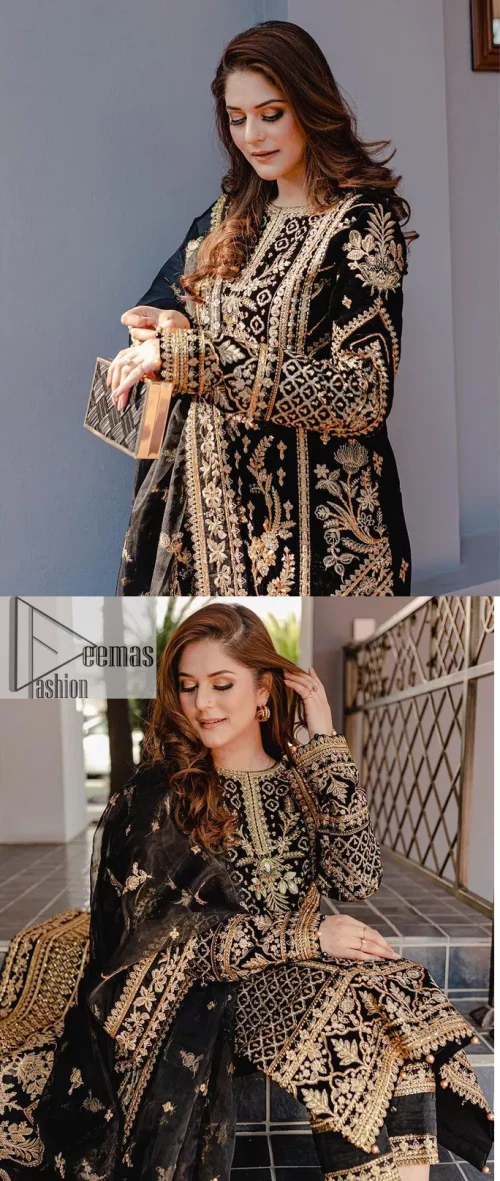 Intricate floral patterns all over! Make a style statement with this elegant embroidered long shirt adorned with golden embroidery decorated with