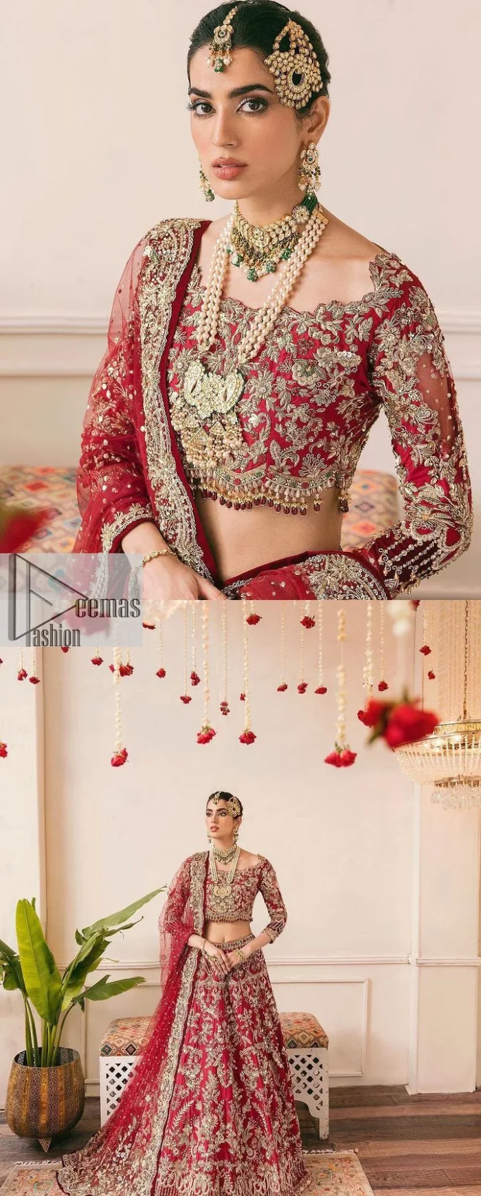 The beauty of this ensemble is mirrored in the romantic colour palette! The blouse is in a dark red shade and is fully decorated with intricate designs and fine details of goldwork. Lavish embroidery, tilla,dabka, kora, Kundan, gold, and zari work make this reception outfit a charismatic masterpiece. The boat shape neckline on a scalloped blouse gives the gorgeous Bride a head-turning look. In addition to this, the three-quarter sleeves for a more upscale appearance and feel. It is systemized with a lehenga in the same colour adorned with heavy floral patterns that are essential for your dreamy look. Complete this romantic look with a dupatta framed with four-sided embellished borders and sequins sprayed all over. Still, thinking? This is a no-brainer. Get your hands on this one ASAP before it sells out!