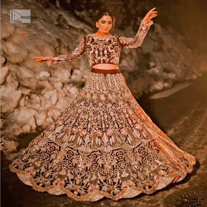 this ensemble blouse has intricate embroidery and opulent fabrics, perfect for your special celebration.