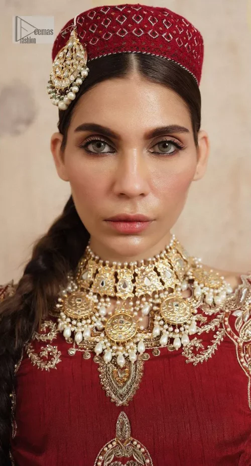 Deep Red Blouse – Flared Lehenga – Dark Blue Dupatta