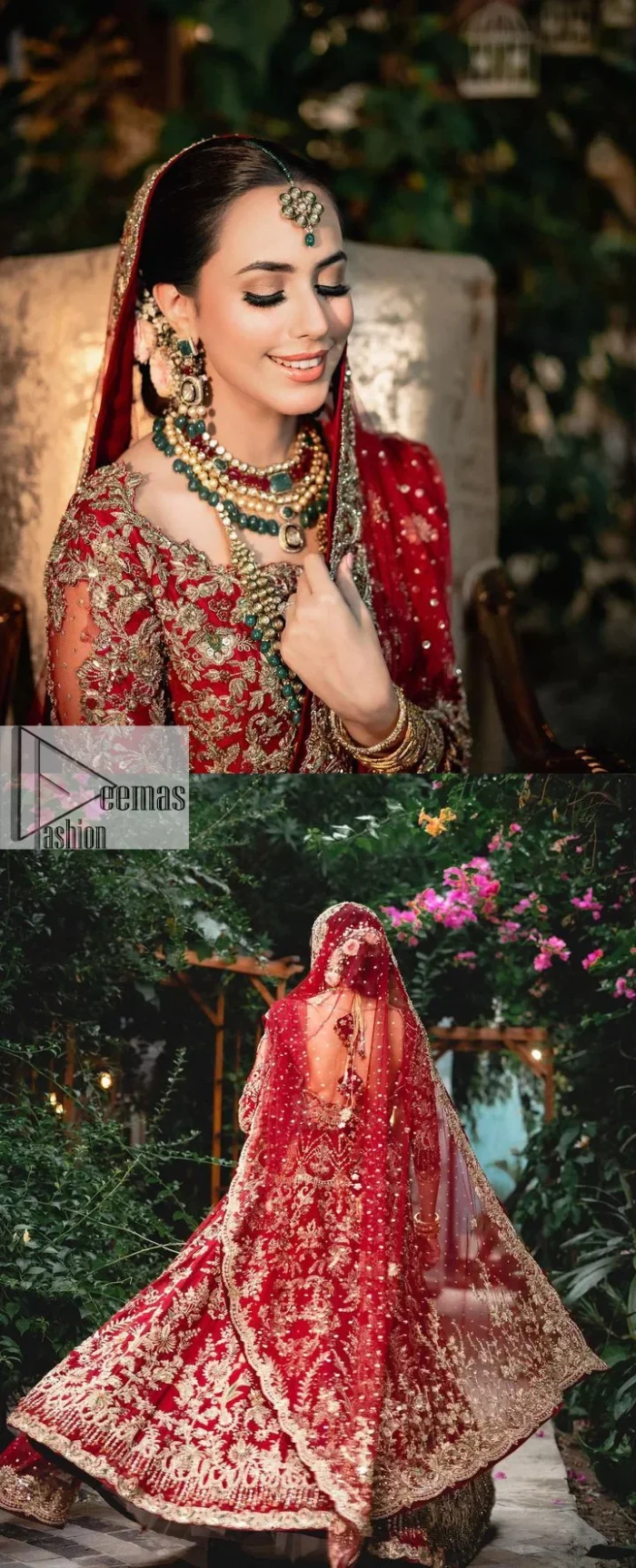 Classic deep red canvas with a bold twist of the pattern!  Bridal choli in the deep red shade is a beautiful attire to wear on the big day to have an elegant and classy look. This beautiful choli is heavily embellished with crystals, pearls, dabka,tilla, kora, Kundan, stones, and Zardozi giving a magnificent touch to the lehenga choli. The round neckline of the attractive blouse makes an outfit look more sophisticated. Further, the beautiful floral patterns on three-quarter sleeves make this outfit a must-have for your day. It is paired with a heavily embellished lehenga and is a stylish choice for the gorgeous Bride. Complete this romantic article with a dupatta framed with four-sided embellished borders and sequins sprayed all over.