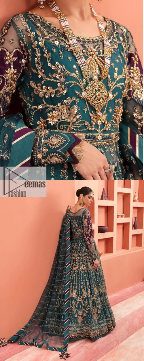 Mark your presence in this elegant Mehndi outfit. The front open scalloped pishwas in the teal green shade are adorned