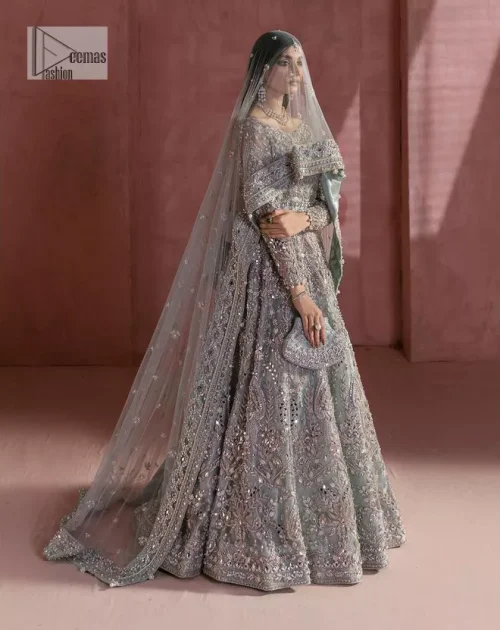 A timelessly classic and hot Nikah wear. DeemasFashion presents the flared maxi in grey colour which is heavily adorned with