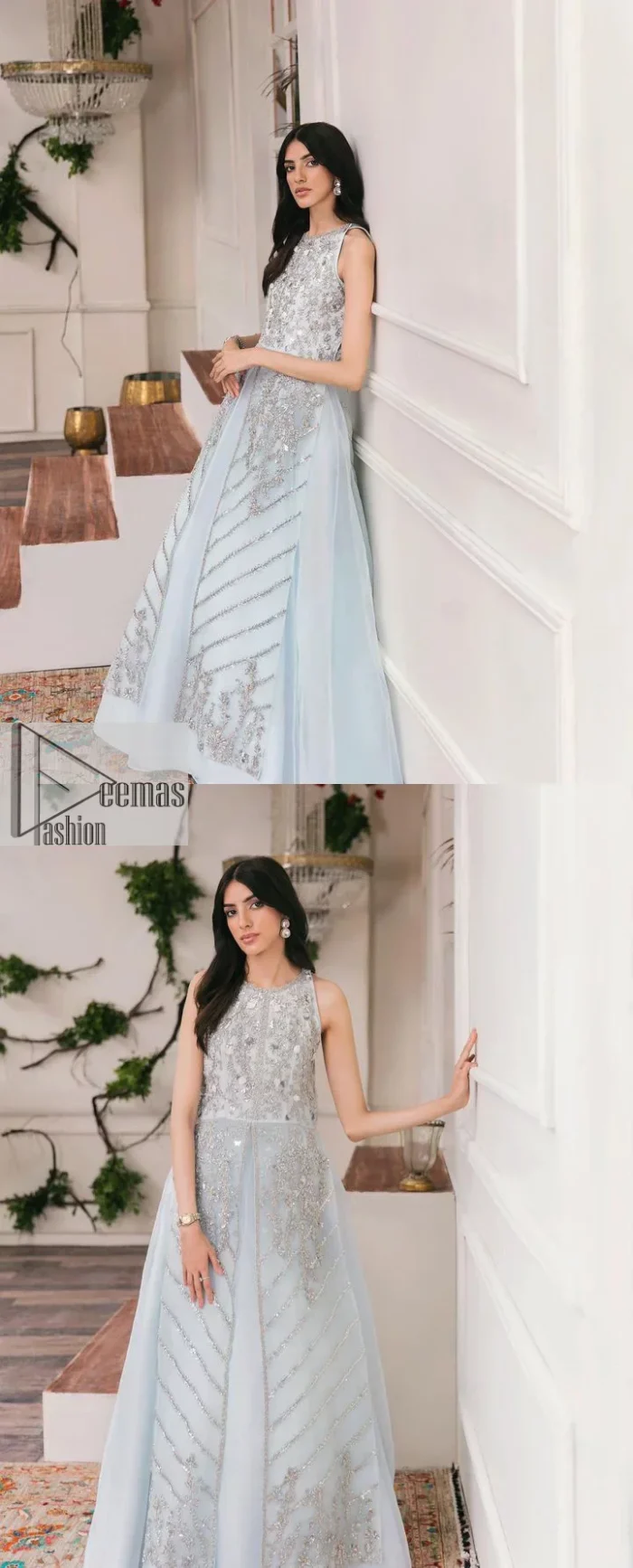 Shine and sparkle in this ice-blue nikah outfit! A mesmerizing long shirt stuns in a beautifully handcrafted silver embroidery enshrined with tilla,dabka, kora, Kundan, Zardozi, stones and the real magic of crystals. The jewel neckline has detailed intricate floral patterns. The sleeveless style of this ice blue front open shirt is the true essence of DeemasFashion. It is organized with a plain lehenga in the same colour to complete your stylish appearance.