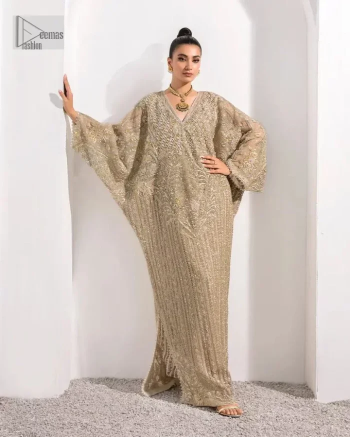 A little classy, a little sassy – that’s your style! An ivory floor-length kaftan with hand embellished work using dabka, naqshi, cut dana, Resham,  Mukesh, sequin and Kundan.  The beauty of this bridal lies in the geometric pattern of light golden embroidery. The V shape neckline is the finishing royal touch. Further, the floral motifs on full sleeves make this nikah outfit romantic and charming.  By layering this item, you can make any simple event better.