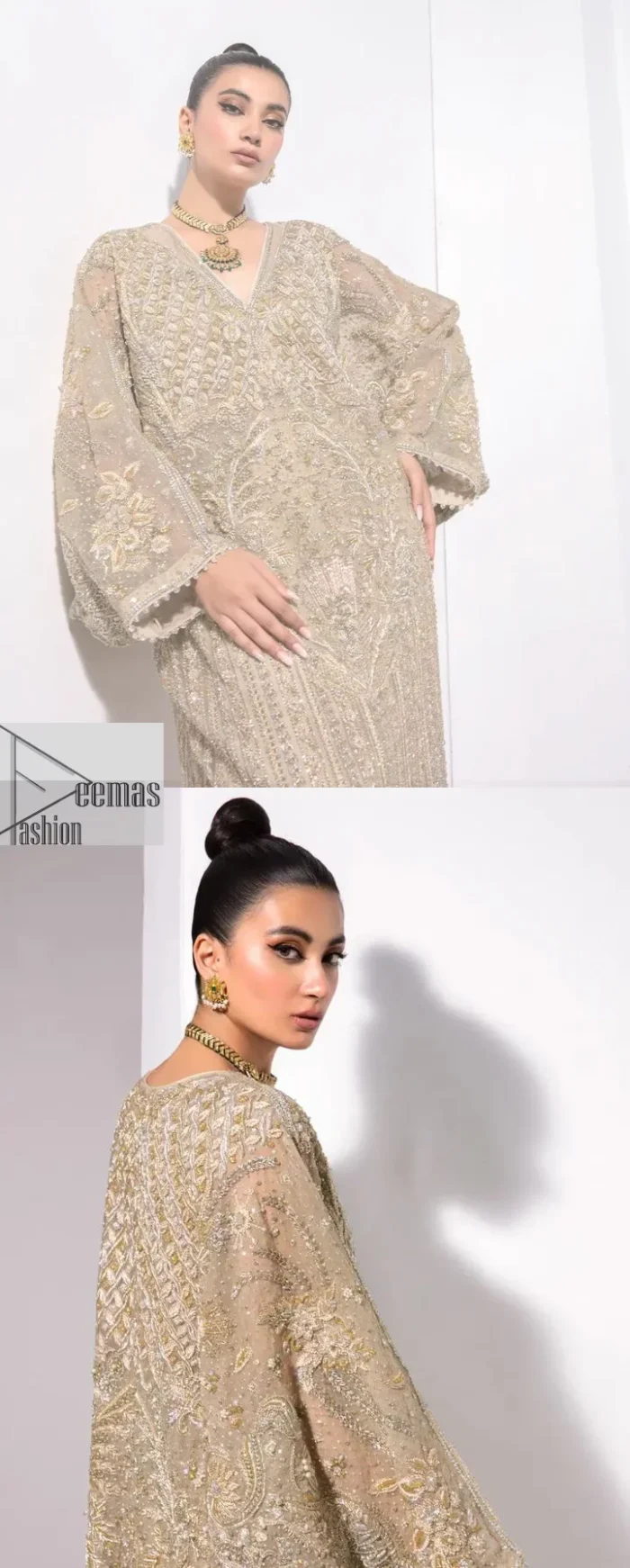 A little classy, a little sassy – that’s your style! An ivory floor-length kaftan with hand embellished work using dabka, naqshi, cut dana, Resham,  Mukesh, sequin and Kundan.  The beauty of this bridal lies in the geometric pattern of light golden embroidery. The V shape neckline is the finishing royal touch. Further, the floral motifs on full sleeves make this nikah outfit romantic and charming.  By layering this item, you can make any simple event better.