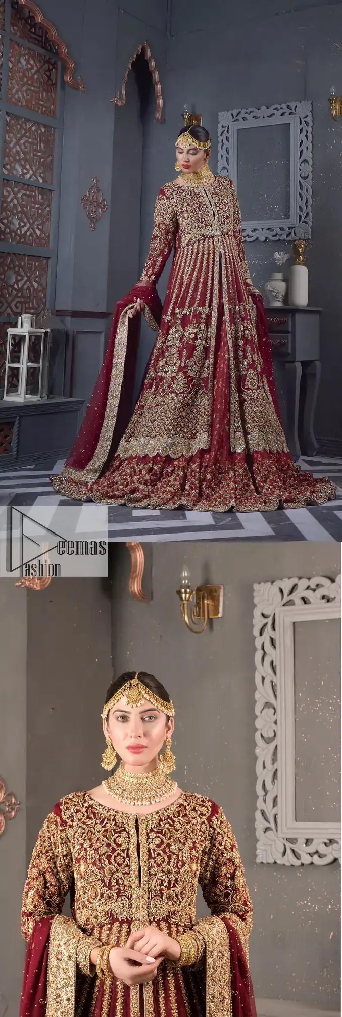 Bold and classy colour for the reception outfit! The maroon gown is breathtakingly adorned with hand-crafted embellishments and intricate designs. It is enhanced with tilla, dabka, Koran, Kundan and details of Zardozi. The round neckline is emblazoned with golden embroidery to make this masterpiece romantic. The full sleeves of the following scalloped gown are adorned with fine details. It is paired with flared lehenga which is also heavily embellished giving a royal look to the gorgeous bride. Finish this maroon outfit with a dupatta which is ornamented with four-sided borders and sequins sprayed all over to create an exquisite dress.