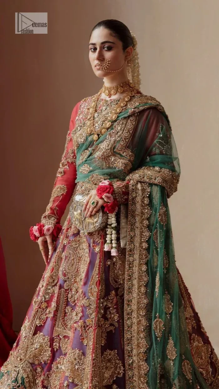 Colours, like features, follow the changes in the event. A magical ethereal multiple-colour maxi is delicately embellished with a shimmering gold sequin, pearls, kora, dabka, Kundan, Zardozi and sparkling stones. The following maxi has exquisitely embroidered panels that come together to create a spectacular heritage with a fully composed bodice. The following colourful maxi has a round neckline to make this outfit amazing. It is paired up with a lehenga having an embellished border completing the stunning look. Finish this article with a green dupatta framed with four-sided borders and floral motifs all over to fulfil an elegant dream.