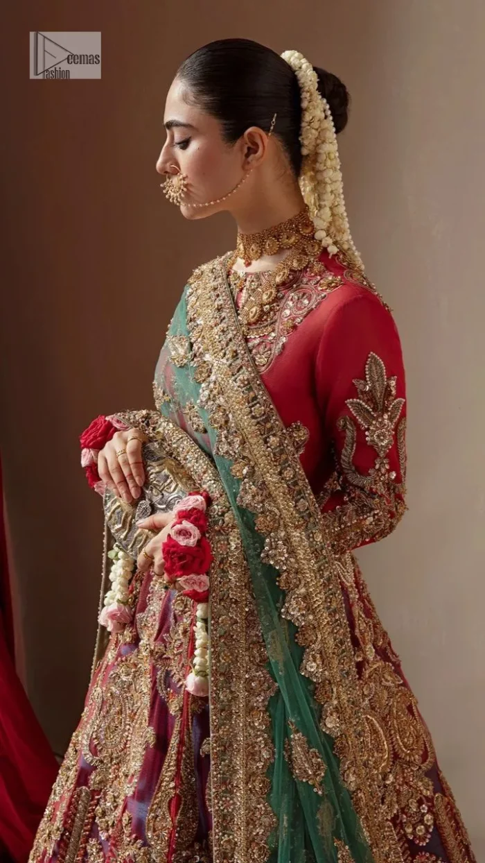 Colours, like features, follow the changes in the event. A magical ethereal multiple-colour maxi is delicately embellished with a shimmering gold sequin, pearls, kora, dabka, Kundan, Zardozi and sparkling stones. The following maxi has exquisitely embroidered panels that come together to create a spectacular heritage with a fully composed bodice. The following colourful maxi has a round neckline to make this outfit amazing. It is paired up with a lehenga having an embellished border completing the stunning look. Finish this article with a green dupatta framed with four-sided borders and floral motifs all over to fulfil an elegant dream.