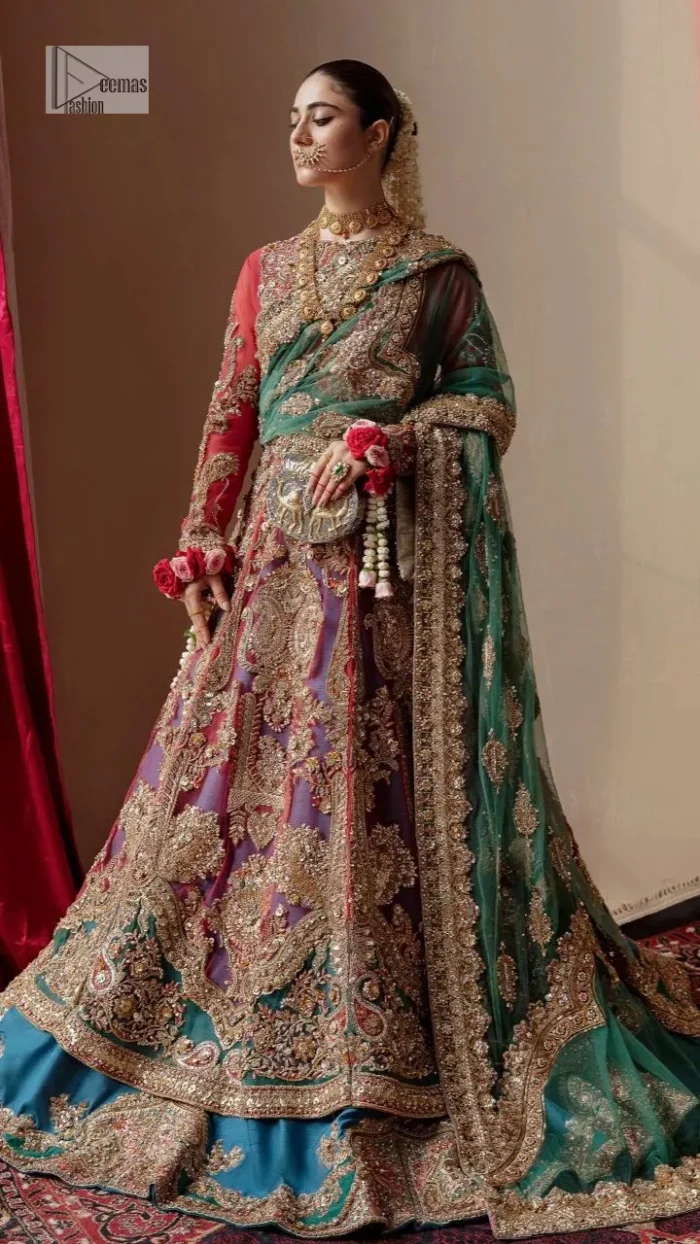 Colours, like features, follow the changes in the event. A magical ethereal multiple-colour maxi is delicately embellished with a shimmering gold sequin, pearls, kora, dabka, Kundan, Zardozi and sparkling stones. The following maxi has exquisitely embroidered panels that come together to create a spectacular heritage with a fully composed bodice. The following colourful maxi has a round neckline to make this outfit amazing. It is paired up with a lehenga having an embellished border completing the stunning look. Finish this article with a green dupatta framed with four-sided borders and floral motifs all over to fulfil an elegant dream.