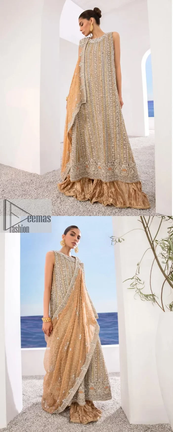 The silver and golden embroidery is the highlight of the party outfit! Keep it dreamy and classic with DeemasFashion. The handsome light orange long shirt is gracefully embellished with silver and gold embroidery that gives you a head-turning appearance on the wedding day. The shirt is enhanced with tilla, dabka, kora, Kundan, and crystals. The round neckline of the shirt makes this glamorous attire an epitome of royalty and grace. It is paired up with crushed sharara to make this masterpiece unique.  A light orange dupatta has a sequin-sprayed surface with branching tiny floral motifs all over. The beautifully embellished border envelopes the dupatta.