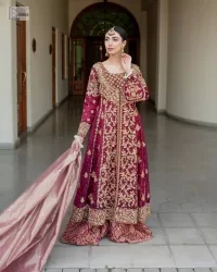 The sharara which is decorated with golden, antique and multiple-colour embroidery ensures a comfortable and confidence-boosting fit, while the choice of vibrant colours adds a touch of vivacity to your look.