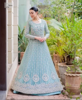 Introducing our stunning sky-blue Walima outfit, a masterpiece of artistry and elegance.