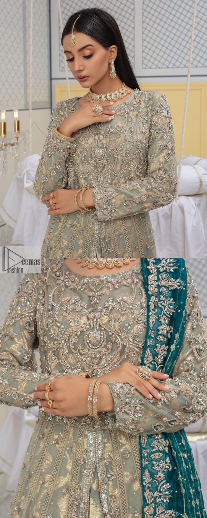 Embellishment is on the rise! The elegant front open maxi is heavily embellished in work of tilla, sequins, dabka, Zardozi, Kundan and kora work. The magnificent maxi is further highlighted with silver embroidery on the front and backside. Further, the full sleeves of the dress come with attractive embellishments. The round neckline makes this masterpiece more unique and charming. This nikah outfit is coordinated with a dupatta in teal green colour framed with a four-sided border and sparkling sequins all over that are on the peak in modern style.