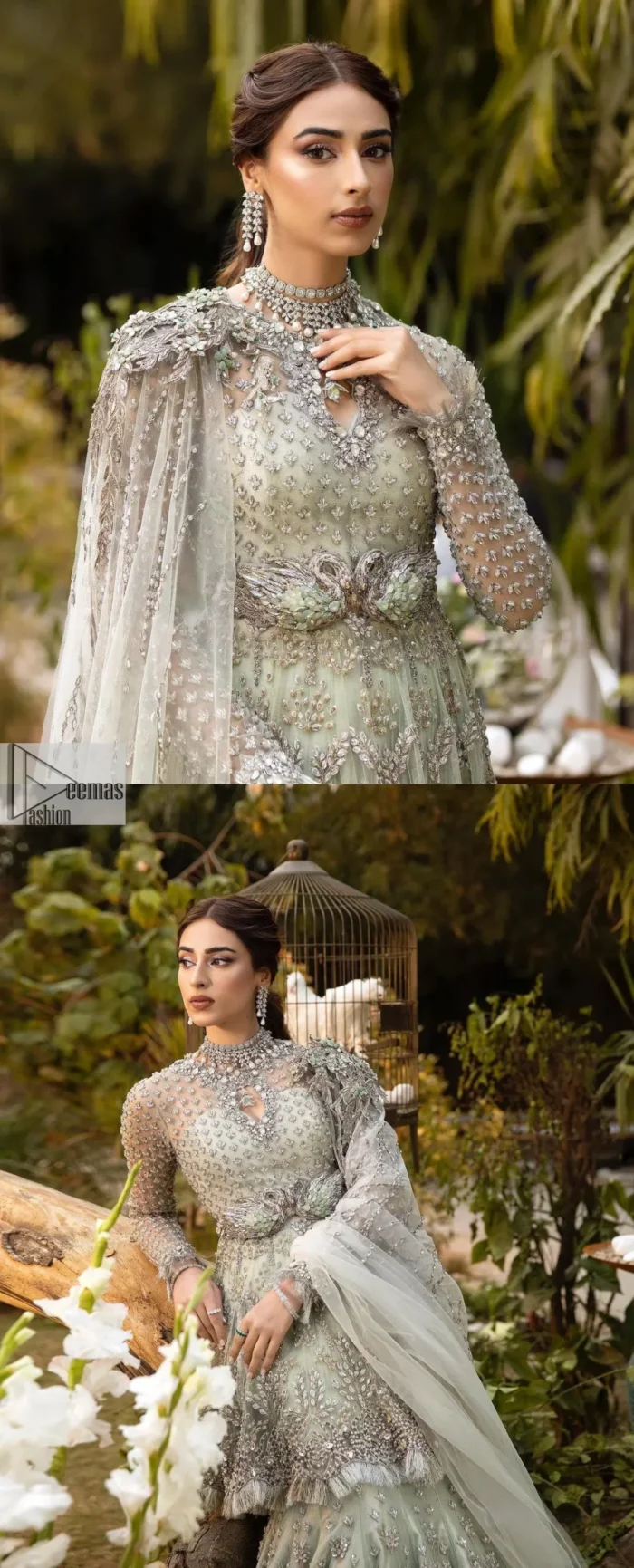 Elevate your elegance with our exquisite Soft green Nikah outfit, meticulously crafted for your special day. This enchanting ensemble features intricate silver and grey embroidery which involves tilla, dabka, kora, Kundan, and luxurious fabrics, making it a symbol of grace and sophistication.