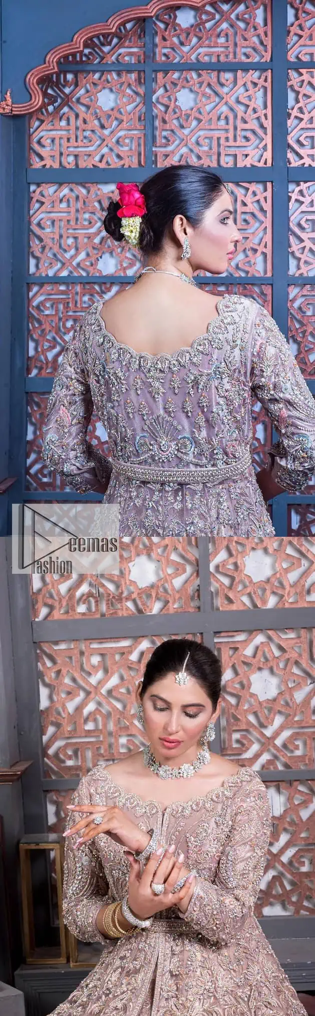 Tea Pink are always the hot trend for the walima outfit. Traditional designs and hand-crafted embellishments of the following maxi give a magnificent look to this perfect outfit. It is adorned with silver embroidery which involves tilla, dabka, Kora, Kundan and the real magic of crystals. The boat shape neckline has fine details and intricate designs. Further, the style of the three-quarter sleeves makes this masterpiece super stunning. It is paired with a lehenga in the same colour which is plain to balance the overall charm of the outfit. Finish this article with a dupatta which has an intricate embellished design on borders and sequins spray all over to make this dress a chic masterpiece.