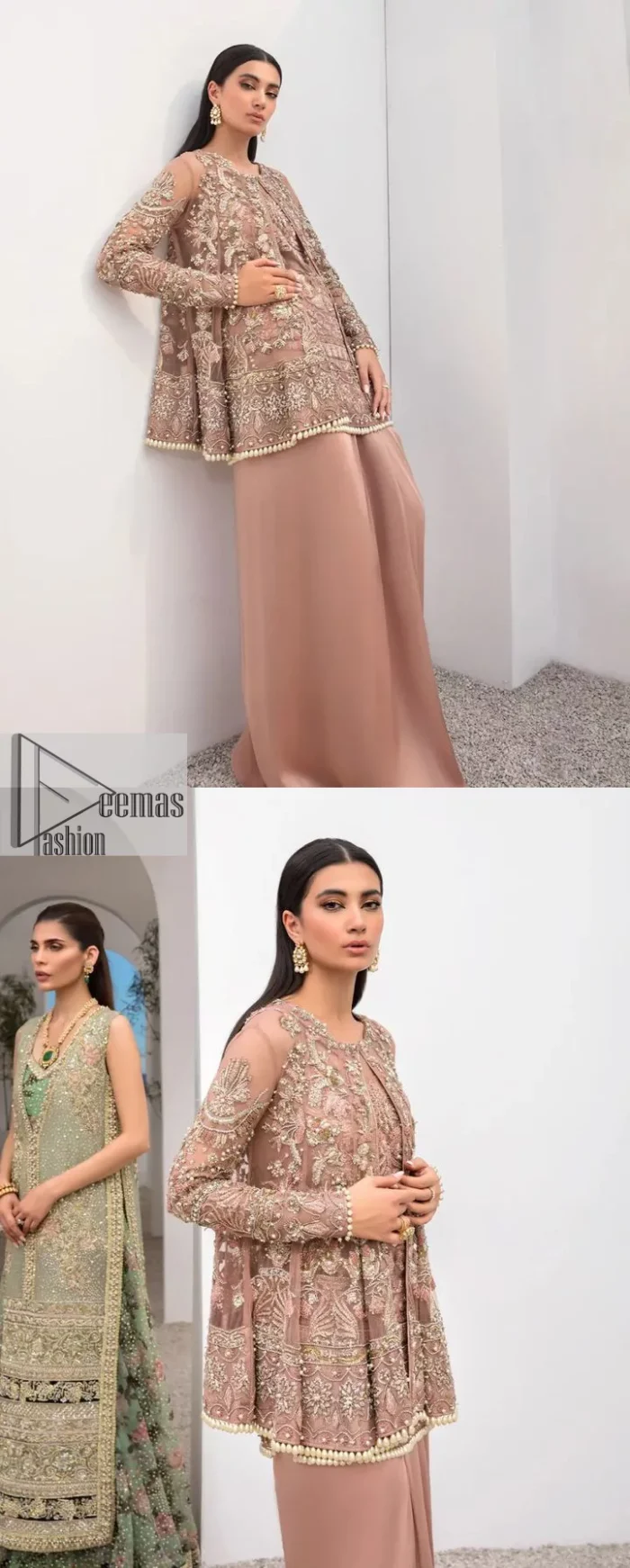 Rich shades and stunning details of party outfit – you’ll be making heads turn. A 2 pc outfit with a short front open shirt, full sleeves with floral pattern and embellishments on organza fabric; the asymmetrically placed designs are studded with golden and silver embroidery which is further highlighted with tilla, dabka, kora, Kundan and the intricate details of Zardozi. The embellished neckline has the finest details. It is paired up with the inner shirt that is also embellished to make this luxury attire unique. To complete the outfit the plain lehenga paired, just to fulfil your diva look.