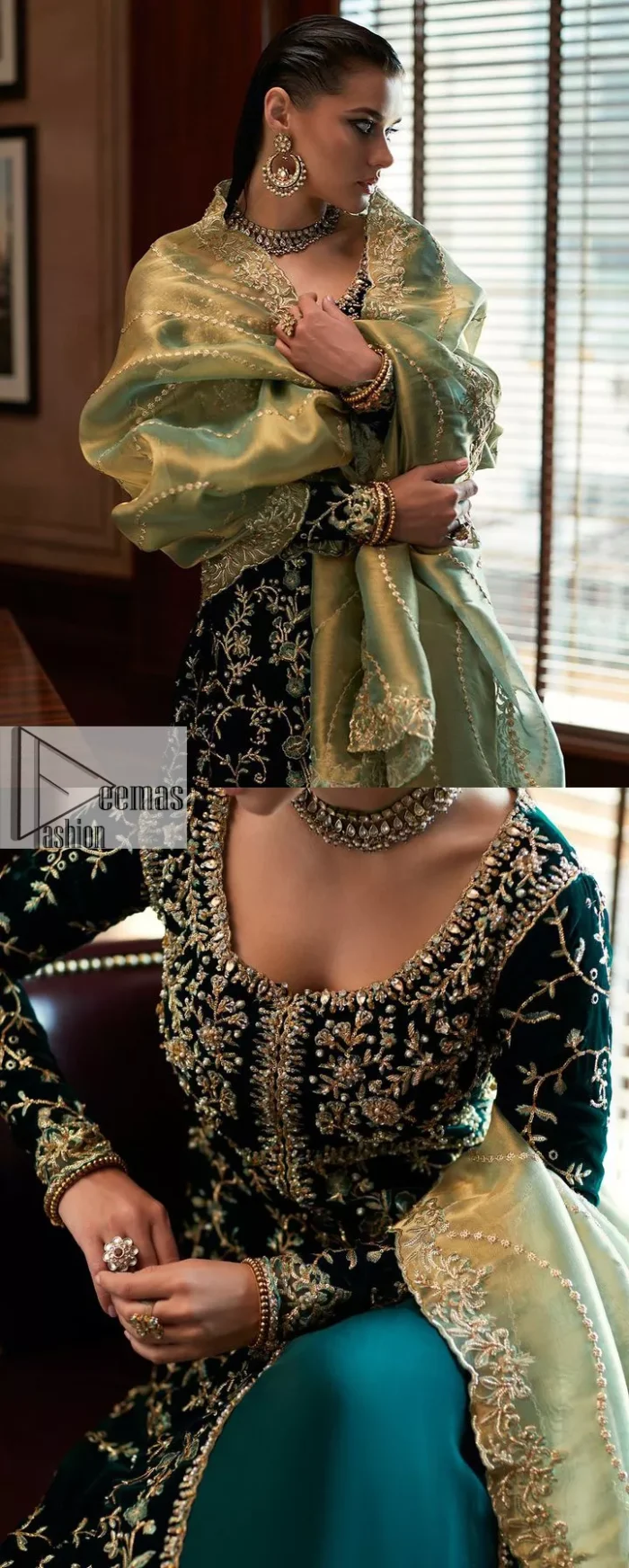 Outfits that define you. DeemasFashion presents the party wear in deep green colour which is adorned with light golden embroidery. It is enhanced with tilla, dabka, kora Kundan and the real magic of Zardozi. The round neckline makes this epitome of beauty. Furthermore, the full sleeves of the front open gown intensify the beauty of the outfit. It is coordinated with a plain lehenga with a border embellished to make you feel fresh and bold at the same time. Complete this attire with a dupatta in ivory colour which is ornamented with a four-sided embellished border to give a royal touch.