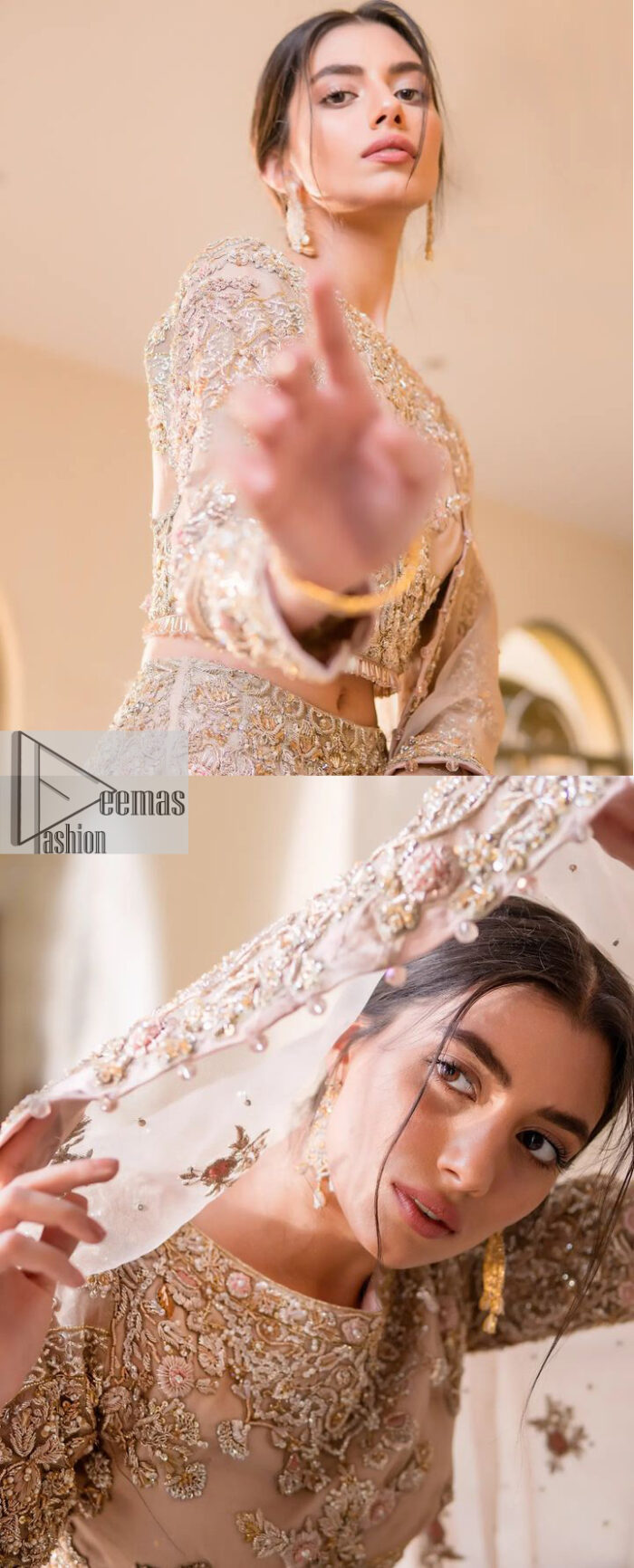 It features a softgalm-inspired look that redefines elegance.  An elegant rhyme to tradition, the attractive and beautiful walima wear lehnga choli creates aesthetical magic with its eye-catching ivory colour. The blouse shines with embellishments and an amalgamation of floral patterns in silver and golden colours. It is further intensified with tilla, dabka, kora, Kundan and the real magic of Zardozi. The boat shape neckline makes this charming. In addition to this, the floral patterns on full sleeves make this masterpiece more lovely. The perfect outfit is paired with a flared lehenga which is heavily ornamented with handsome embroidery. Complete this with an organza dupatta which is adorned with a four-sided embellished border and sprayed with tiny floral motifs and sequins all over to make your day fresh and bright.