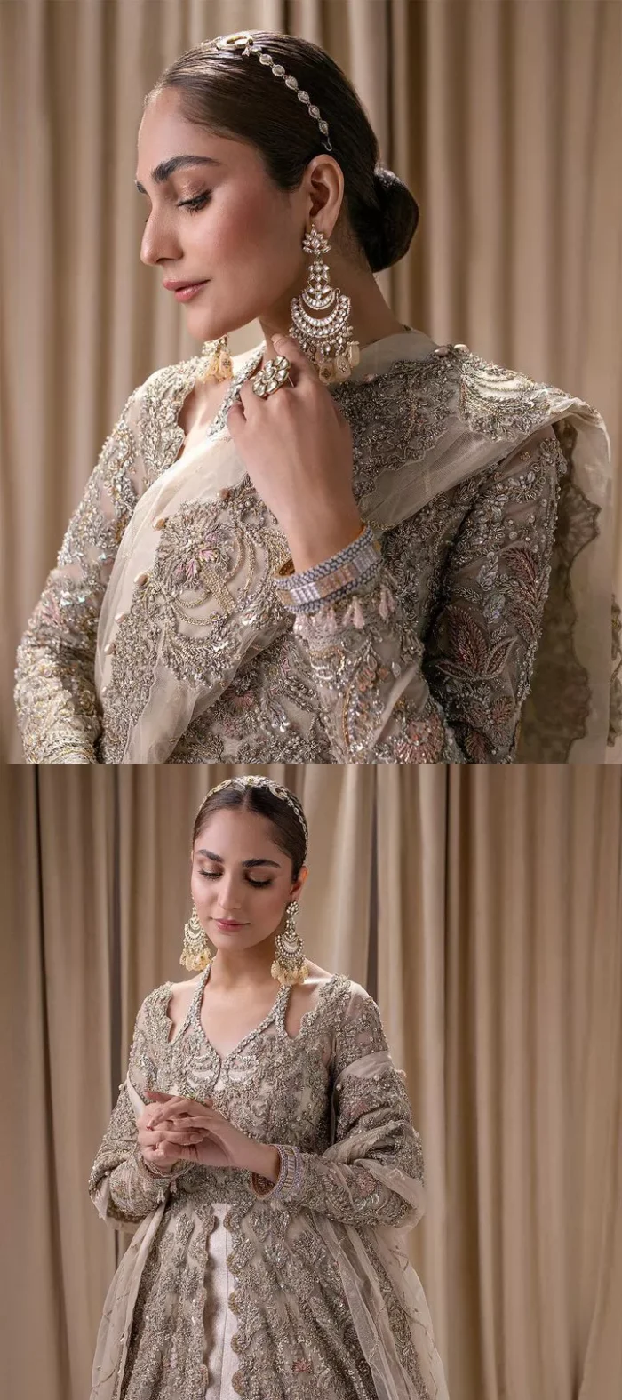Make a statement with a light fawn article on your nikah day! DeemasFashion presents the light fawn heavy maxi which is embellished with silver embroidery using dabka, tilla, kora, Zardozi, Swarovski, Mukesh, sequin and Kundan. The strap neckline adds a little romanticness to the dress. Further, the floral patterns on full sleeves make this masterpiece modern and unique. It is paired with a  lehenga, embellished with a delicate border. It is styled with a dupatta; its surface is sprayed with sequin and the dupatta is enveloped by a heavily embellished floral border.