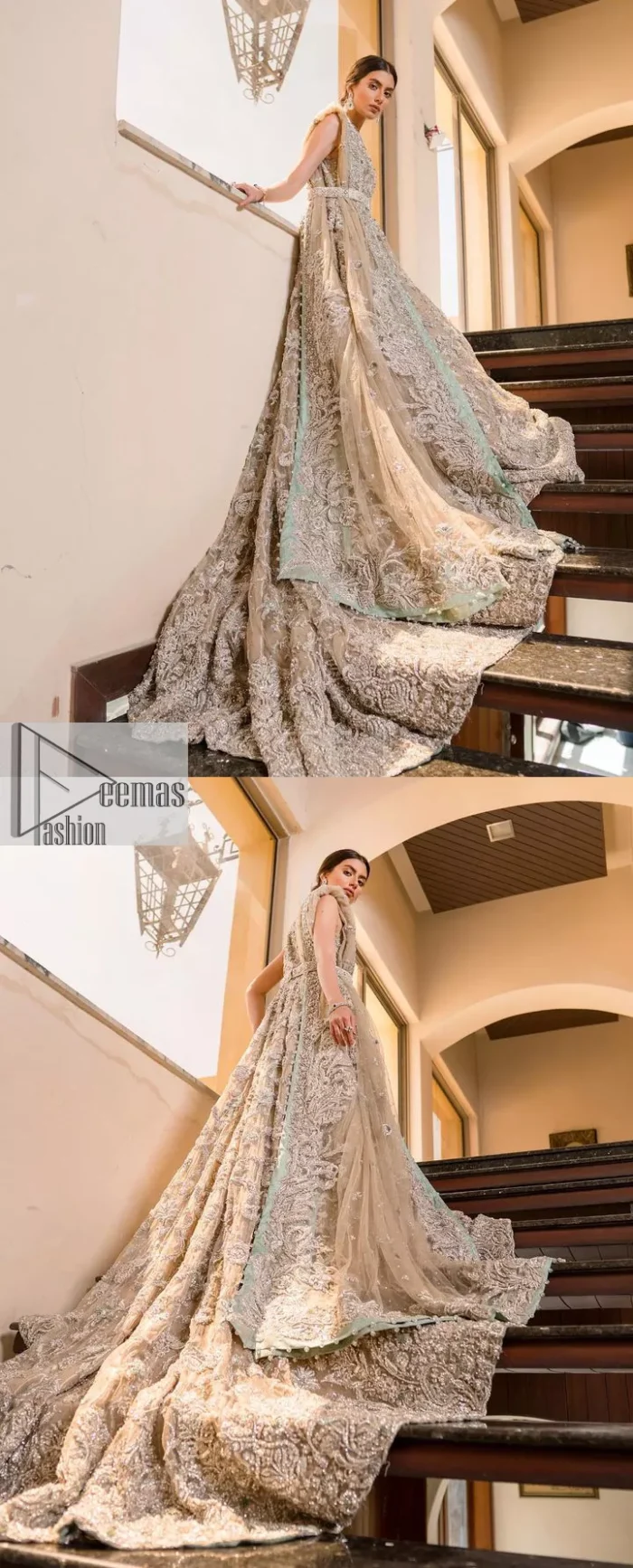 Your wedding vibe. Your wedding mood. Your wedding scent. The light fawn back train heavy maxi and dupatta are hand embellished with straight tilla, dabka, Kundan, Zardozi and kora with running hangings of pearls, crystals, and flat sequins. The sleeveless style of the following back train maxi gives a romantic touch to the whole walima wear. Further, the jewel neckline makes this symbol of beauty. It is paired up with a dupatta framed with a four-sided embellished border with our statement floral pattern and sprayed sequins to make you feel fresh and bold.