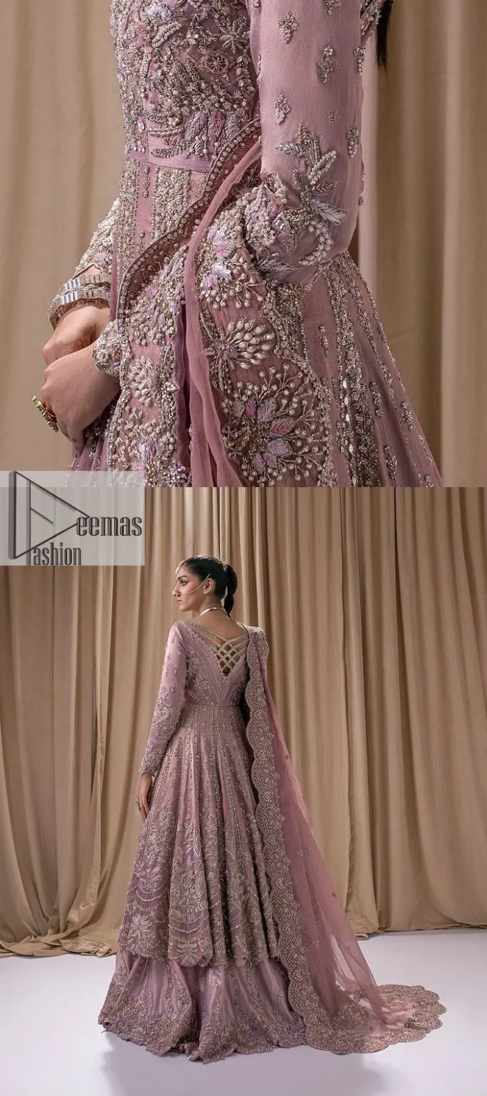 Stand out and stay pink with this nikah wear! The delightful article in pink colour is a traditional masterpiece that will give the gorgeous bride a head-turning look at the wedding. The frock has a sweetheart neckline to make this outfit lovely. It is adorned with silver and golden embroidery which is magnified with tilla, dabka, Koran, Kundan and the details of Zardozi. Further, the combination of tiny and large floral motifs on full sleeves provides a perfect finishing look to this masterpiece. It is paired up with a lehenga in the same colour making it an epitome of beauty and grace. Finish this with a dupatta framed with four-sided embellished scalloped borders and tiny floral motifs all over.