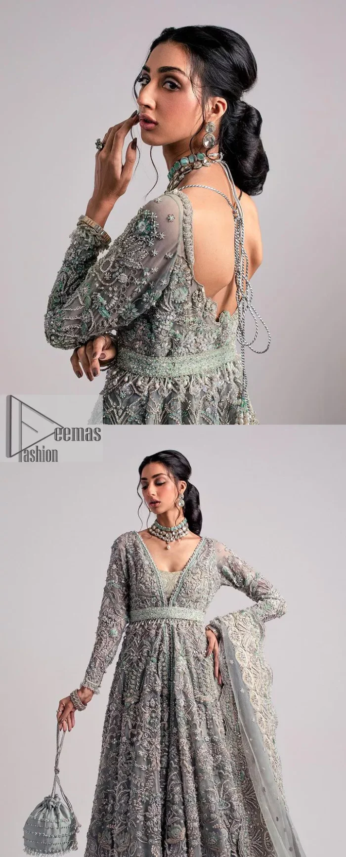 The beautiful mint green reception wear is a breathtaking masterpiece that will give you a magnificent look at the wedding. Lavish embroidery work and hand-crafted embellishments provide a perfect finishing look to this pishwas. It is adorned with silver embroidery which involves tilla, dabka, kora, Kundan and the real magic of zardozi. Further, the V shape neckline makes this masterpiece unique and attractive. The full sleeves are full of floral embroidery patterns. It is paired up with a lehenga with embroidered border to balance the outfit's look. The dress achieves the final elegant look when paired with a delicate dupatta embellished with four-sided scalloped edges and tiny floral motifs all over.