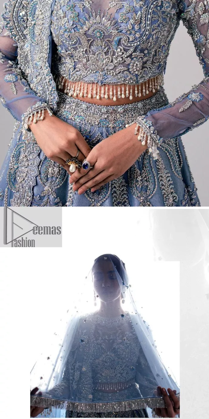 Stay blue and look your best! A sky blue lehenga choli is hand embellished with floral patterns and botanical motifs. The blouse is encrusted with silver embroidery which is enhanced with tilla, dabka, kora, Kundan and the real magic of Zardozi. The jewel neckline and full sleeves make this masterpiece lovely and charming. It is paired up with a lehenga in the same colour that has embellished on the front and back finish. Complete the walima wear with a dupatta having four-sided Kiran and tiny floral motifs all over just to complete the look.