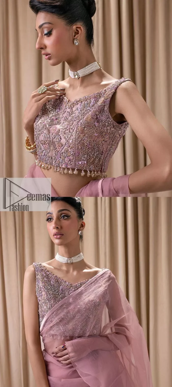 Turn heads in our stunning bridesmaid saree! The beautiful tea pink blouse is adorned with silver and golden embroidery which is intensified with tilla, dabka, kora, Kundan and the details of Zardozi. The V shape neckline provides a perfect finishing look to this masterpiece. In addition to this, the sleeveless style of the following blouse makes this outfit unique and romantic. It is paired up with a frilled saree which is plain just to enhance the beauty of this lovely outfit. 