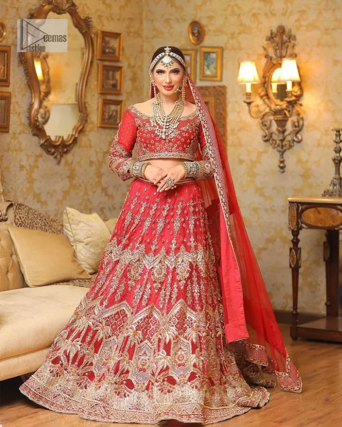It's designed to make you look stunning because it is enhanced with golden embroidery which involves tilla, dabka, kora, Kundan and the real magic of Zardozi just to feel comfortable.