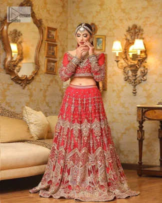 This lehenga blouse dress is truly one-of-a-kind, unlike anything else you've seen. It's designed to make you look stunning because it is enhanced with golden embroidery which involves tilla, dabka, kora, Kundan and the real magic of Zardozi just to feel comfortable.