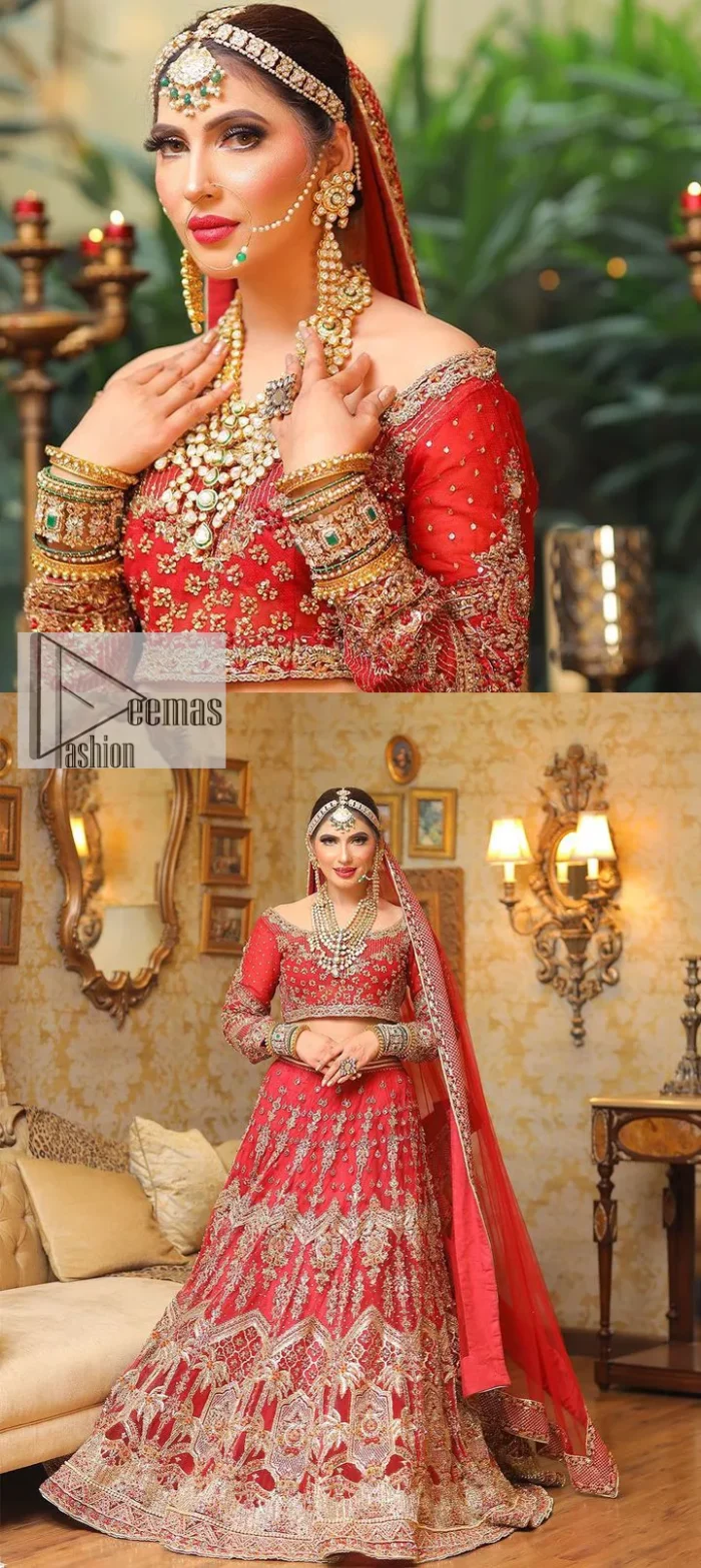 With its blend of modern and timeless styles, you'll look unique and elegant. When you wear this lehenga, everyone will be captivated by your beauty, making your reception a memorable event.